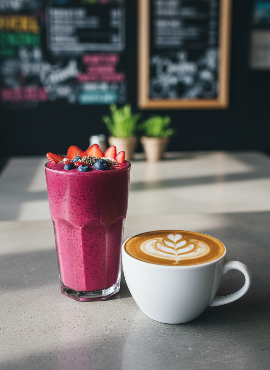 A close-up photographic image of a vibrant smoothie and specialty coffee duo on a clean concrete tabletop. The smoothie, a thick magenta blend of berries in a tall clear glass, is topped with sliced fruit and chia seeds, while beside it a flat white in a matte white ceramic cup shows an intricate latte art leaf. Natural daylight from the side creates subtle highlights on the glass and gentle shadows beneath both drinks. In the softly blurred background, colorful chalkboard-style menu panels and potted herbs hint at a modern bakery setting. Shot from a slightly elevated angle, the composition balances both drinks using rule-of-thirds, conveying an energetic yet relaxed, health-focused atmosphere.