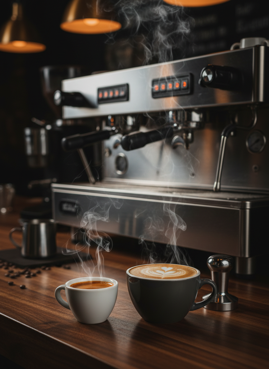 A dramatic close-up of a barista-style coffee setup at Southbank Bakery and Coffee, focusing solely on the equipment and beverages. A polished stainless-steel espresso machine with glowing indicator lights dominates the background, while in the foreground two drinks rest on a dark walnut counter: a rich double espresso in a small white demitasse and a creamy cappuccino with flawless latte art in a charcoal-gray ceramic cup. Steam rises faintly, backlit by warm pendant lighting that creates a halo effect and soft reflections on the metal. Scattered coffee beans and a chrome tamper add texture. Photographic realism, shot with shallow depth of field and side lighting, evokes a focused, professional, craft-driven mood.