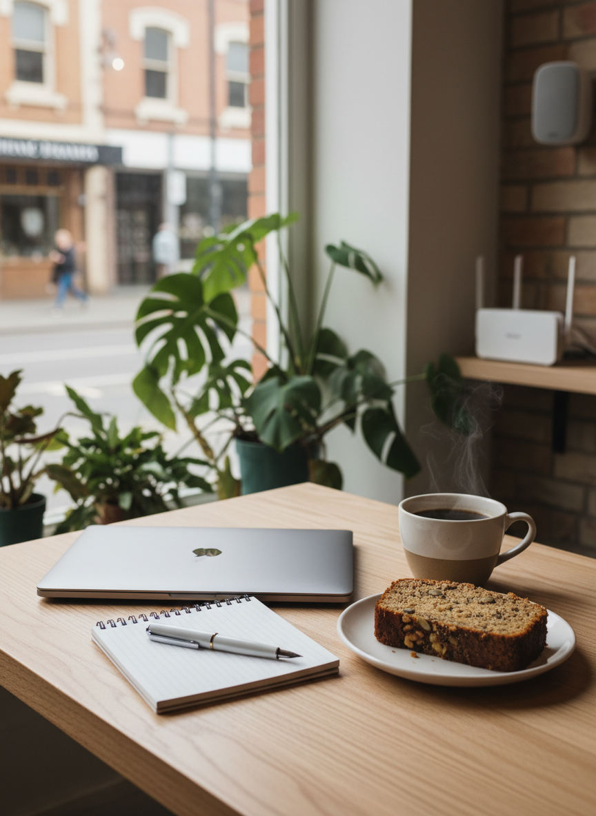 An inviting corner workspace at Southbank Bakery and Coffee, captured in photographic realism. A slim, closed laptop and notebook rest beside a steaming mug of black coffee on a smooth, light-wood table. A small plate holds a neatly sliced high-protein banana bread with visible nuts and seeds. The table sits near a large window framed by lush green plants, with soft afternoon light bathing the scene and creating gentle reflections on the laptop casing. A wireless router and subtle wall speakers in the blurred background hint at reliable WiFi and ambient music. Shot from an eye-level perspective with moderate depth of field, the composition is calm and organized, projecting a productive yet cozy atmosphere.