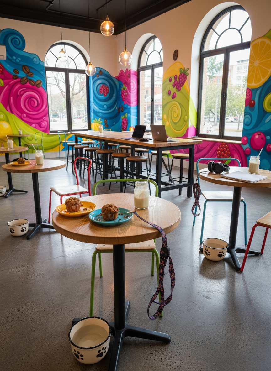 A wide photographic interior view of Southbank Bakery and Coffee, focusing on the colorful, dog-friendly, social atmosphere without showing any people. Several small round tables are set with ceramic water bowls on the floor and hooks on chair legs holding neatly coiled dog leads. Tabletops feature bright ceramic plates with half-eaten protein muffins, crumb trails, and empty smoothie glasses, suggesting recent activity. Overhead, warm pendant lights cast a golden glow that contrasts with cool daylight from large windows, creating dynamic but inviting lighting. Walls display bold, colorful murals of coffee beans and fruit, while a long communal table in the background holds open books and headphones. Shot from a slightly elevated angle, sharp focus throughout, emphasizing vibrancy and social energy.