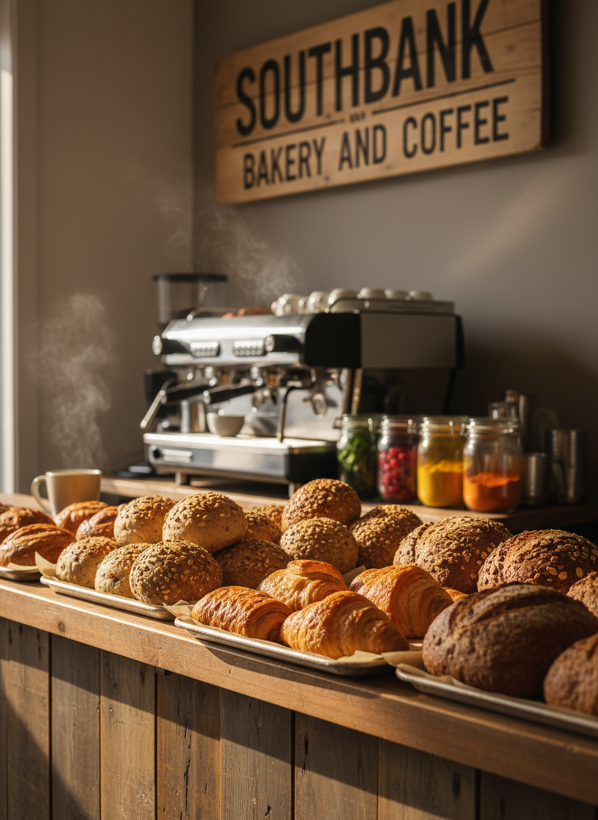 A rustic wooden counter in Southbank Bakery and Coffee, topped with an abundant spread of freshly baked protein pastries and artisan breads. Golden, seed-crusted rolls, high-protein croissants, and dense wholegrain loaves sit on parchment-lined trays, their textures crisp and inviting. Behind them, a gleaming espresso machine and neat rows of glass jars with colorful smoothie ingredients add depth. Soft morning sunlight streams through an unseen window, catching the steam rising from a nearby coffee mug. Photographic realism, shot at eye level with a shallow depth of field, keeps the focus on the baked goods while the background melts into a warm, calm blur, creating a professional yet welcoming atmosphere.