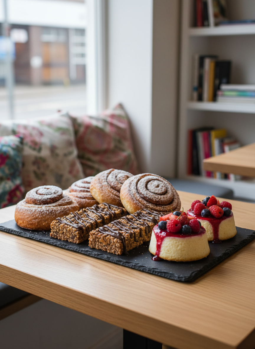A meticulously arranged display of protein and nutritious pastries on a slate serving board inside Southbank Bakery and Coffee. There are spiraled cinnamon protein rolls dusted lightly with powdered sugar, chunky oat-and-nut bars drizzled with dark chocolate, and mini fruit-topped yogurt cakes with glossy berry compote. The board rests on a light oak table near a large window, where diffused overcast daylight creates soft, even illumination and subtle shadows. In the distant bokeh, colorful cushions and low shelves with books suggest a place to linger and work. Photographic realism, shot from a three-quarter angle with shallow depth of field, emphasizing texture and color while maintaining a professional, contemporary mood.